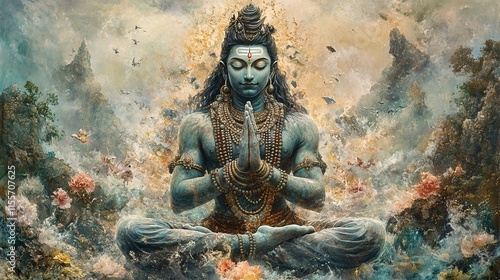 Wallpaper Mural A serene depiction of Lord Shiva meditating amidst a vibrant and colorful landscape. Torontodigital.ca