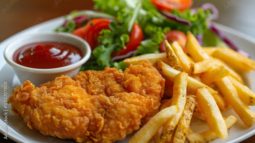 Crispy Chicken Fillet with French Fries and Fresh Salad Platter Crispy Chicken Fillet with French Fries and Fresh Salad Platter