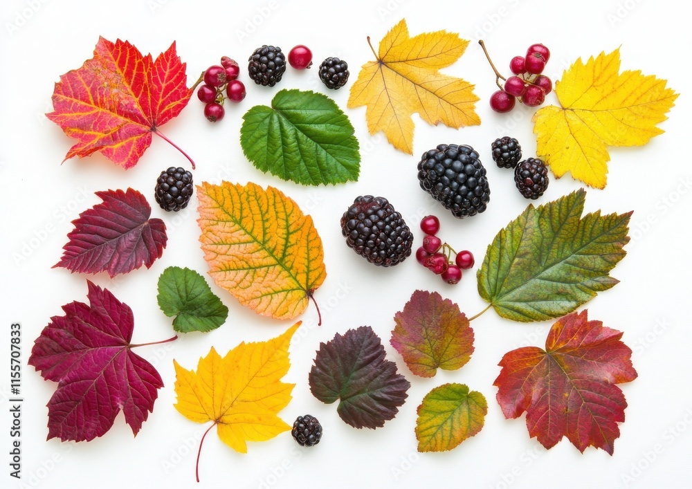 Naklejka premium Vibrant Autumn Leaves and Berries Displayed on White Background, Featuring Red, Yellow, and Green Foliage Alongside Juicy Blackberries and Tart Cranberries