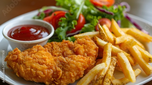 Crispy Chicken Fillet with French Fries and Fresh Salad Platter