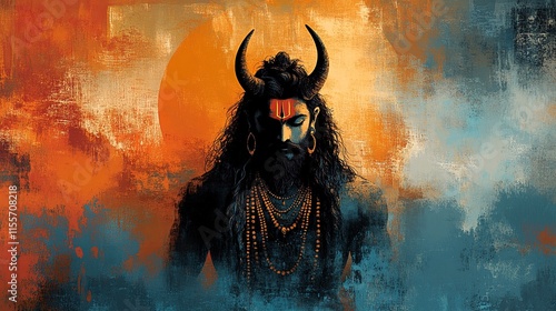 A portrait of Lord Shiva as Bhairava, an incarnation of Lord Shiva, painted with vibrant colors and intricate details.