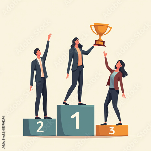 People standing on podium receiving top three, employee recognition and competition winners, business style design vector illustration.