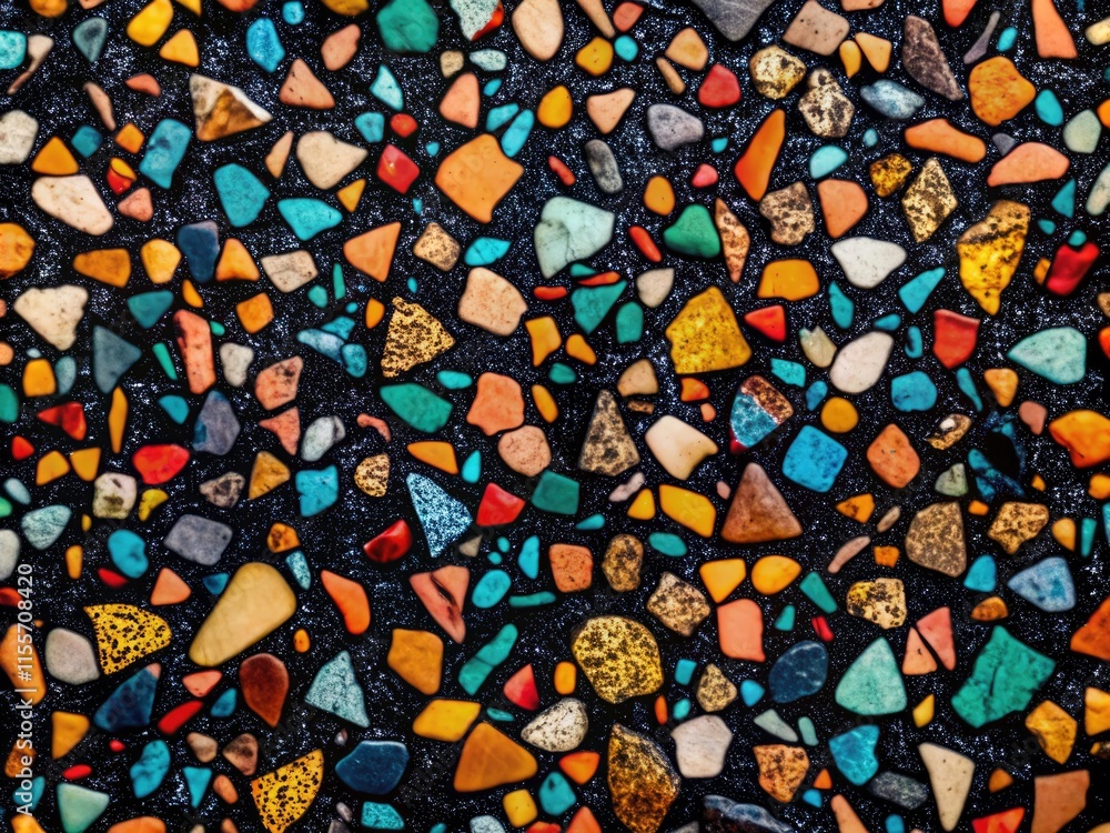 Trendy terrazzo silhouette pops against a colorful, abstract geometric mosaic wallpaper background. Trendy terrazzo silhouette pops against a colorful, abstract geometric mosaic wallpaper background.