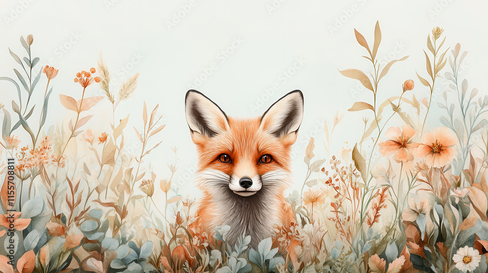 Fototapeta premium serene fox resting in meadow, surrounded by soft flowers and greenery, exuding calm and peaceful vibe