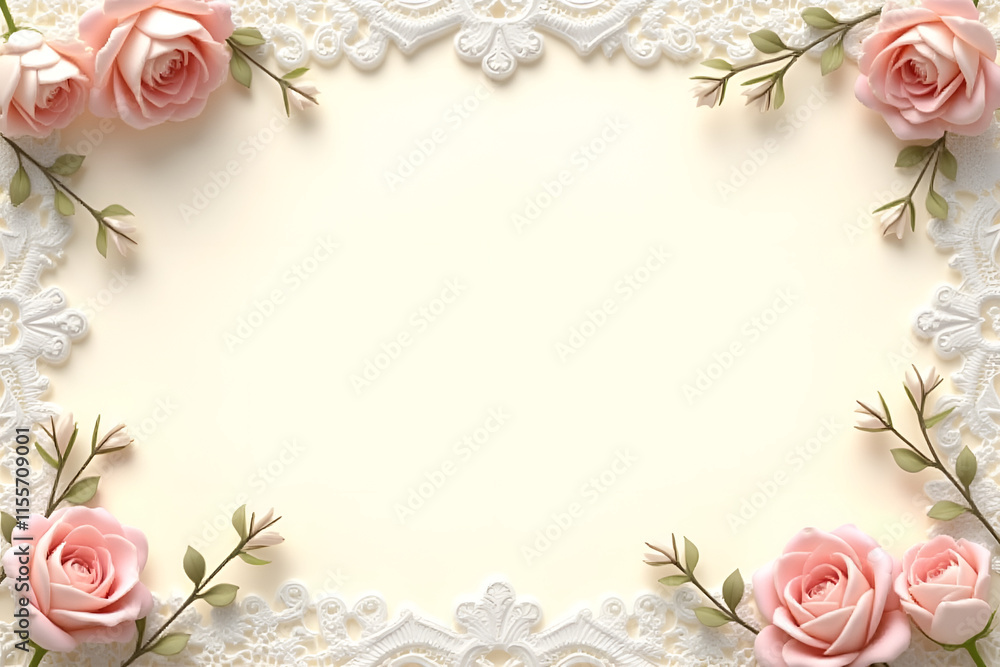 Romantic Wedding Frame with Lace and Flowers on Soft Ivory Background Romantic Wedding Frame with Lace and Flowers on Soft Ivory Background