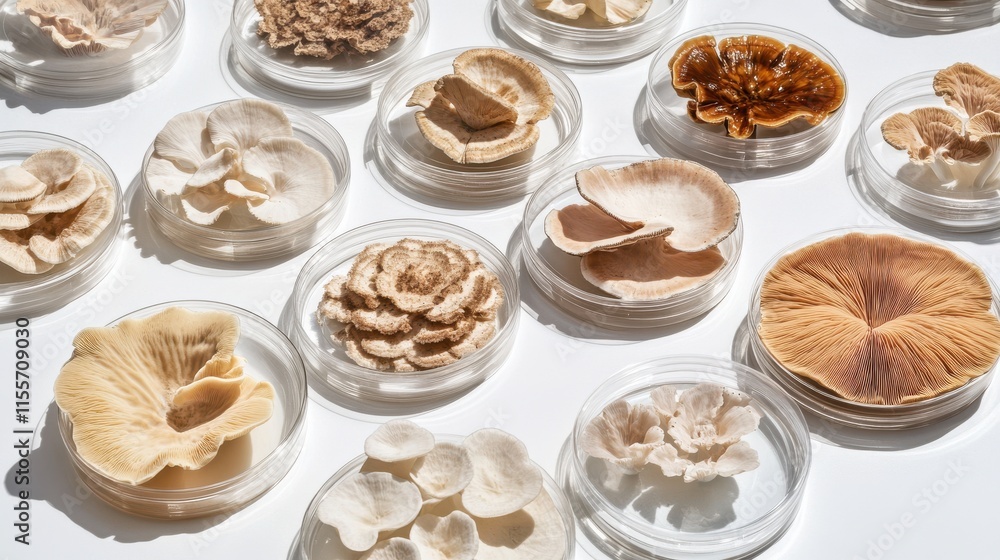 Diverse Collection of Fungi Cultures Displayed in Petri Dishes Showcasing Unique Textures and Color Variations on a Bright Surface