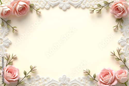 Romantic Wedding Frame with Lace and Flowers on Soft Ivory Background