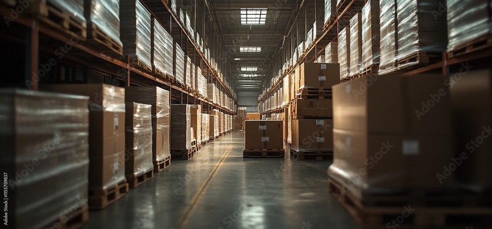 A warehouse interior filled with stacked boxes on pallets, organized for storage. A warehouse interior filled with stacked boxes on pallets, organized for storage.