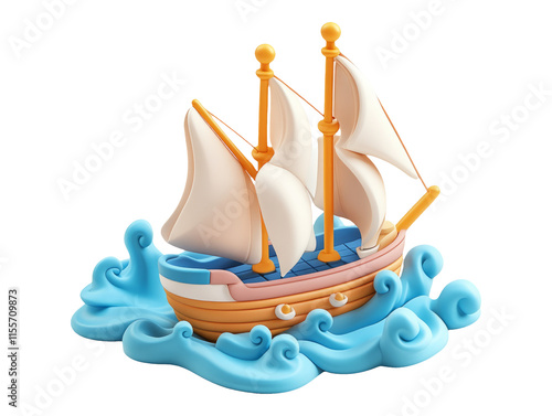 Colorful Plasticine Boat with Full Sails on Vibrant Blue Waves photo