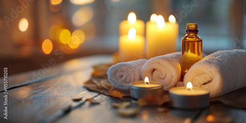 Relaxing spa setting with candles, towels, and essential oil bottle creating soothing atmosphere. Perfect for wellness and self care themes photo