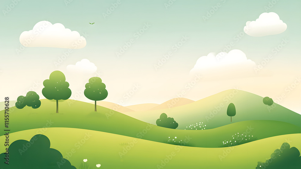 Obraz premium Serene Green Hillscape With Fluffy Clouds and Trees