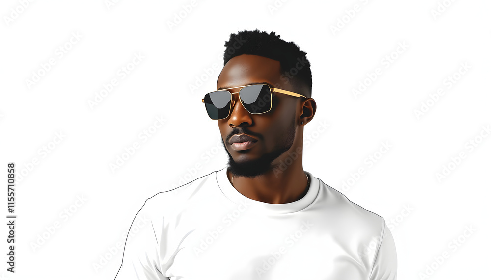 Stylish african american man in white blank t-shirt and sunglasses. Mock-up, doodle art. isolated with white shades Stylish african american man in white blank t-shirt and sunglasses. Mock-up, doodle art. isolated with white shades