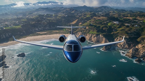 Sleek private jet flying over scenic coastline during a sunny day with green hills in the background photo