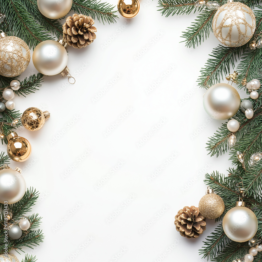 christmas decoration, White background with Christmas tree branches around the edges with many ornaments copy space in the center Christmas Background Concept, Christmas decorations on a white christmas decoration, White background with Christmas tree branches around the edges with many ornaments copy space in the center Christmas Background Concept, Christmas decorations on a white