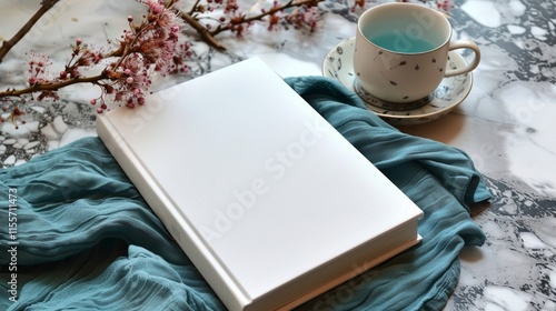 Mockup presentation of a blank white book laid on a teal fabric with a cup of tea and cherry blossom branches for an elegant setting