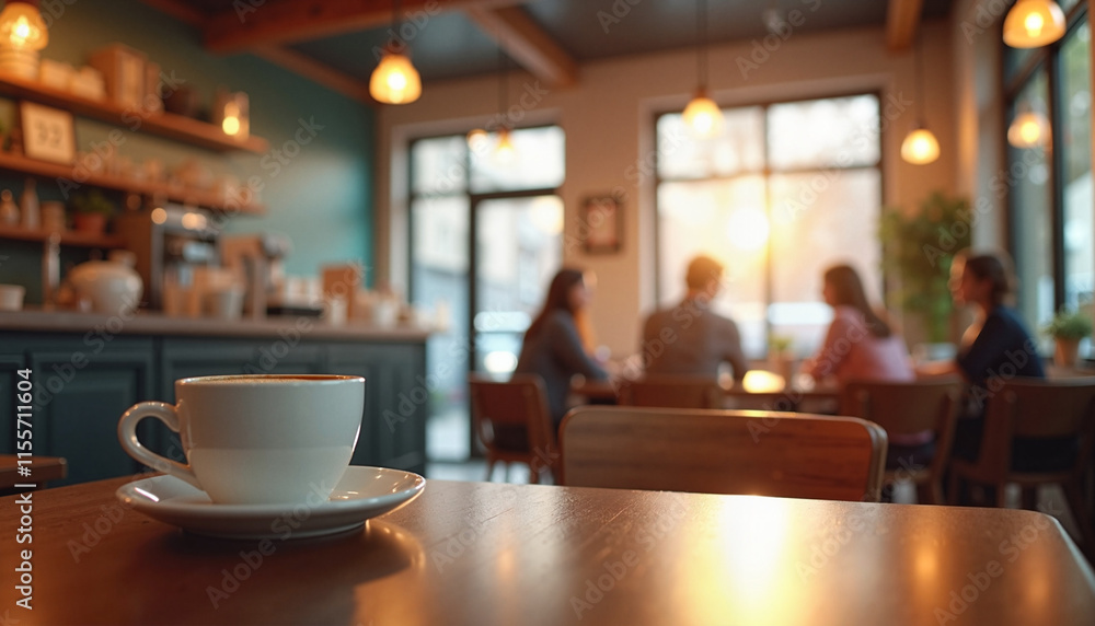Cup of coffee on a table with friends chatting in a cozy cafe during sunset light Cup of coffee on a table with friends chatting in a cozy cafe during sunset light