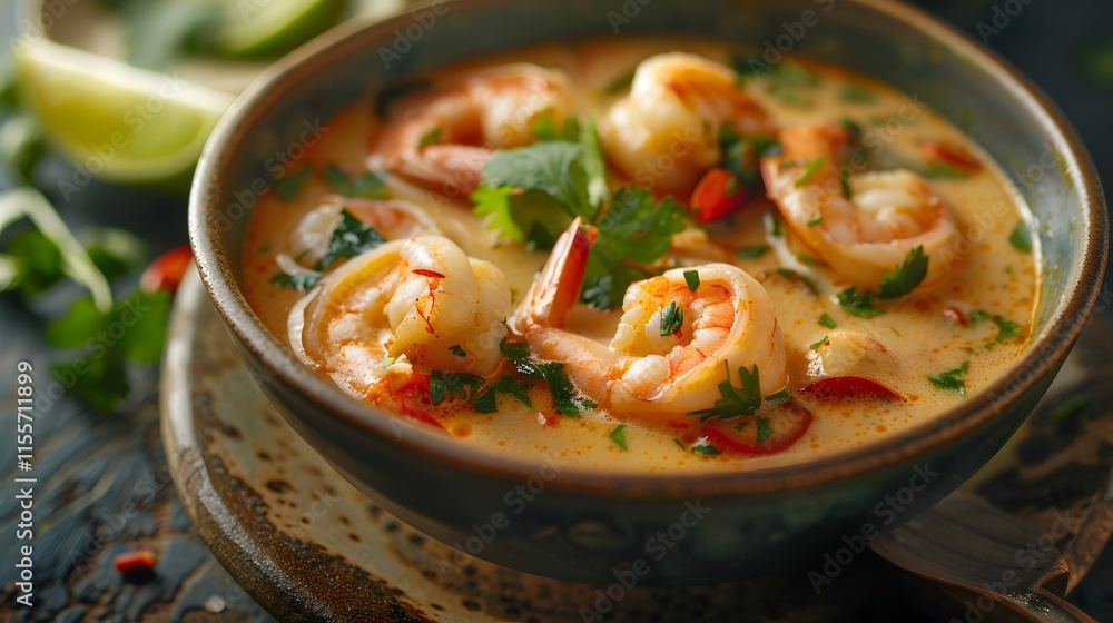 Flavorful Shrimp Soup with Herbs and Spices in a Blue Bowl Flavorful Shrimp Soup with Herbs and Spices in a Blue Bowl