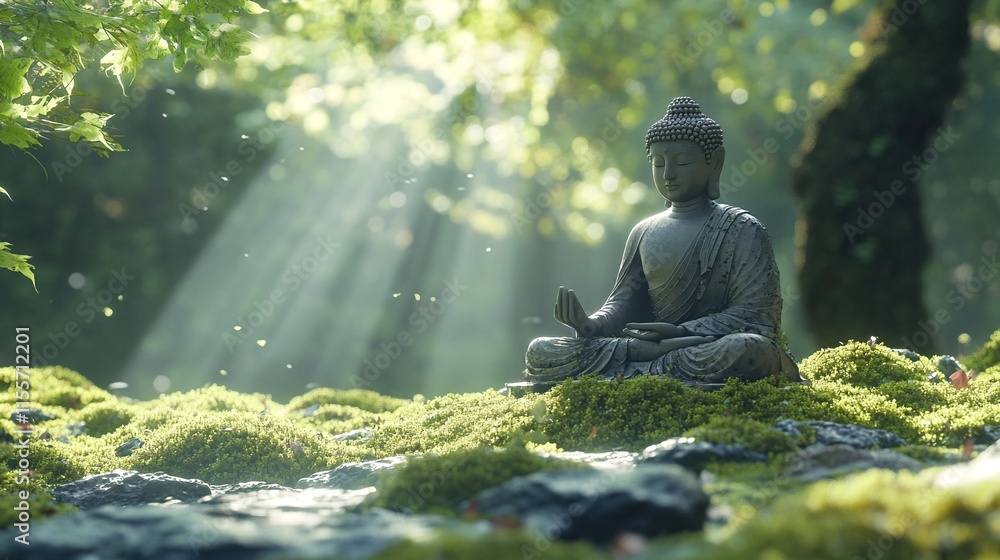 Buddha statue sitting on mossy ground under tree branches. Buddha statue sitting on mossy ground under tree branches.