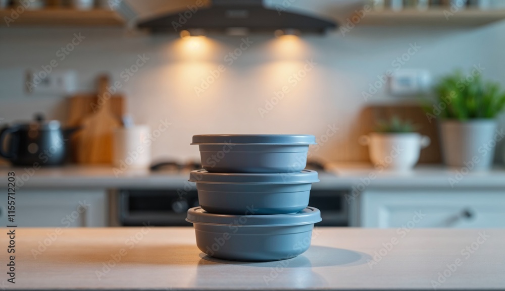 Stack of three round food containers in a modern kitchen under cool artificial lighting Stack of three round food containers in a modern kitchen under cool artificial lighting