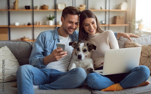  A happy young couple sitting together on a comfortable sofa at home, using a laptop and mobile phone while hugging their dog, representing the online shopping concept