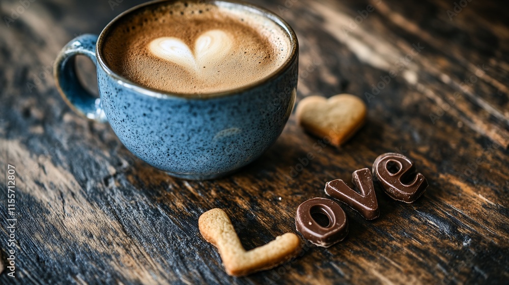 A blue mug of coffee with heart-shaped latte art and the word love spelled out in chocolate on a wooden table. A blue mug of coffee with heart-shaped latte art and the word love spelled out in chocolate on a wooden table.