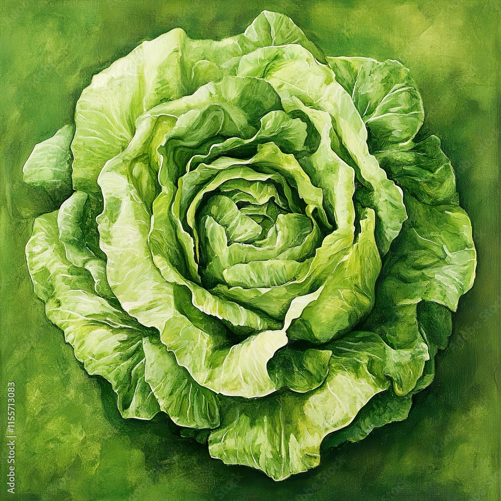 Obraz premium Closeup of a Fresh Green Lettuce, Botanical Painting