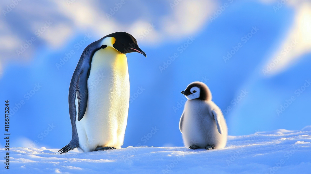 Fototapeta premium Emperor penguin and baby penguin standing on snow in icy landscape, showcasing their bond in serene, cold environment. heartwarming moment of nature beauty