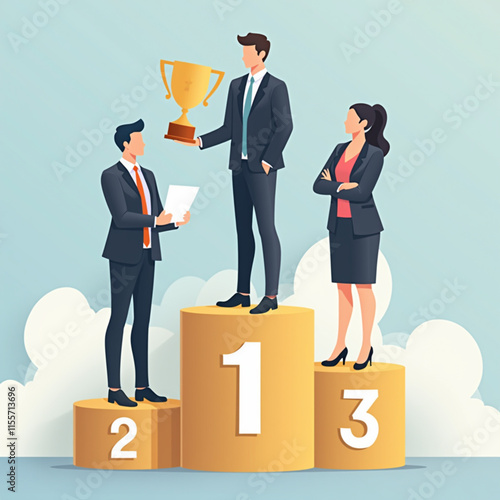 People standing on podium receiving top three, employee recognition and competition winners, business style design vector illustration.