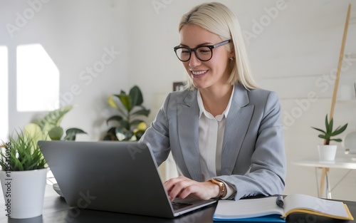  A happy Australian businesswoman working on a laptop computer while wearing glasses