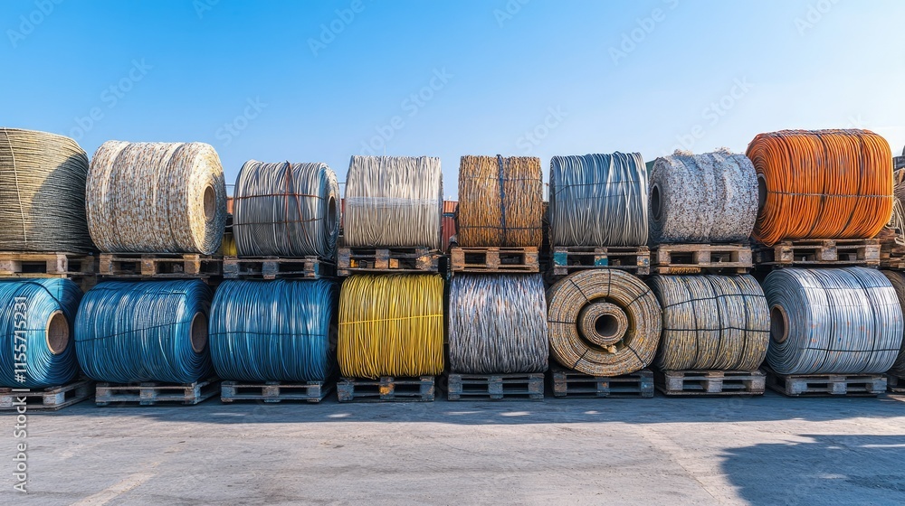 Various sizes of polyethylene rope rolls displayed on wooden pallets in a shipping yard under a clear sky. Various sizes of polyethylene rope rolls displayed on wooden pallets in a shipping yard under a clear sky.