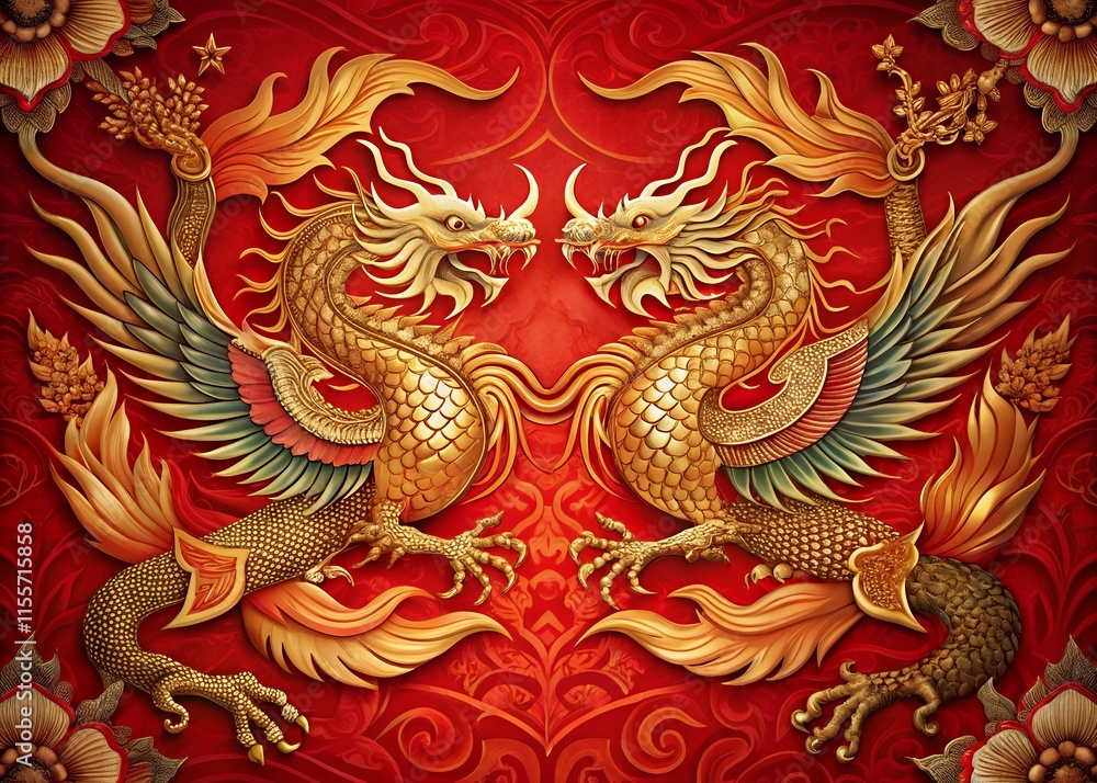 chinese dragon statue Chinese festival background with a golden circular frame, festive lanterns, chinese dragon statue Chinese festival background with a golden circular frame, festive lanterns,