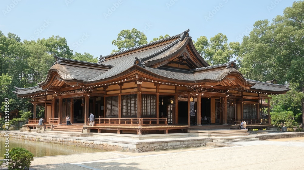 Serene Shinto Shrine Scene with People Gathered Peacefully Serene Shinto Shrine Scene with People Gathered Peacefully