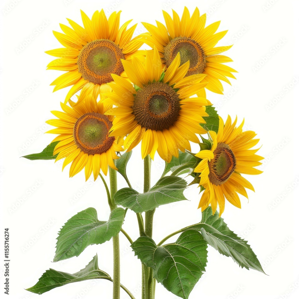 Fototapeta premium Five sunflowers blooming, isolated on a white background