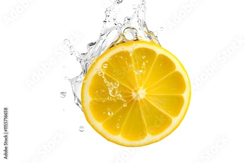 A fresh lemon slice splashes into water, showcasing its vibrant color and juiciness.