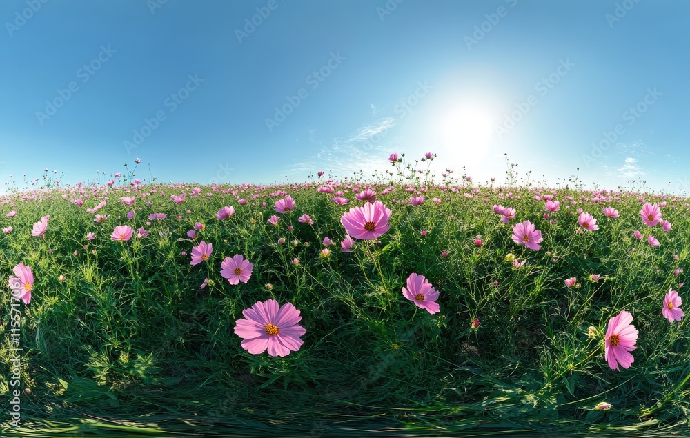 Fototapeta premium Vibrant Field of Pink Cosmos Flowers Under Clear Sunny Sky with Gentle Clouds and Bright Sunlight Enhancing Natural Beauty of Blooming Flora