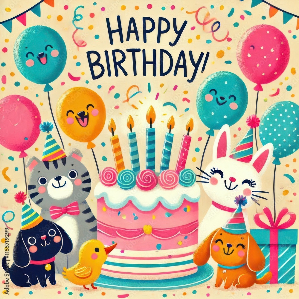 Naklejka premium happy birthday card with balloons content created with generative AI software.