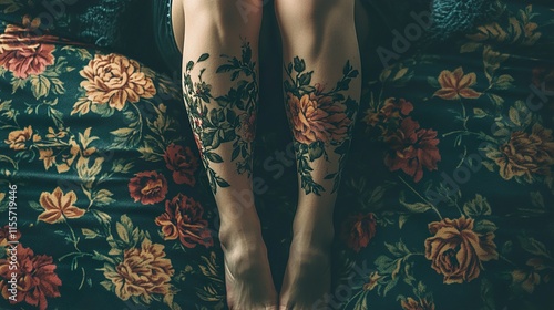 Floral Leg Tattoos on Dark Floral Fabric photo