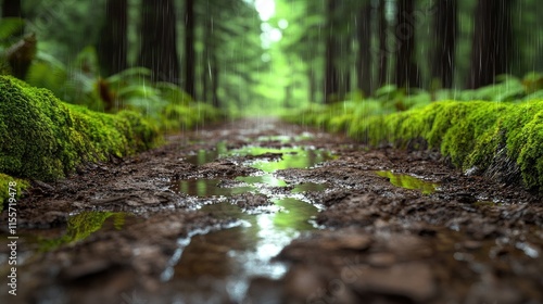 Rain-soaked forest path revealing fresh greenery. Generative AI photo