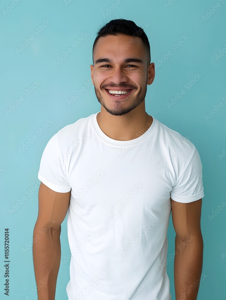 Handsome young man smiling brightly against a teal background Handsome young man smiling brightly against a teal background