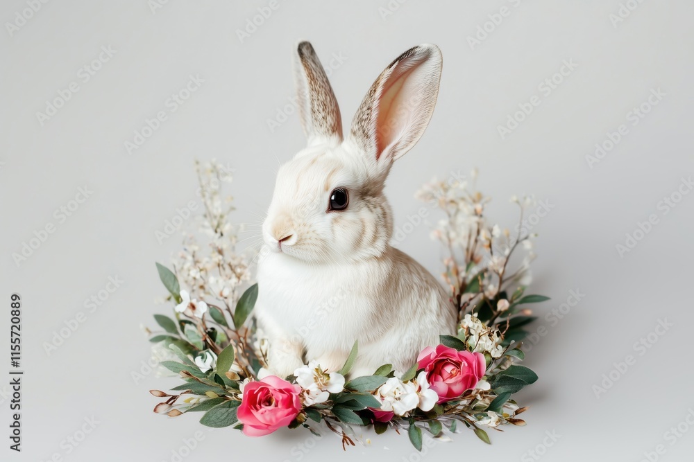 white rabbit surrounded by a delicate arrangement of soft pink flowers and green leaves, set against a pastel background, symbolizing purity and the beauty of spring. white rabbit surrounded by a delicate arrangement of soft pink flowers and green leaves, set against a pastel background, symbolizing purity and the beauty of spring.