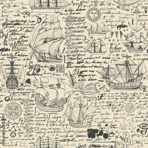 seamless vector pattern background with drawings on theme of sailing ships and sea travel and adventure and handwriting text lorem ipsum and grunge texture. suitable for wallpaper