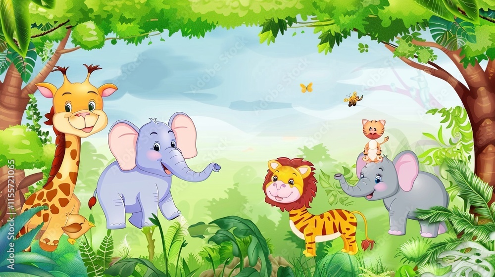 Fototapeta premium Adorable and Whimsical World of Cute Cartoon Safari Zoo: Unveiling the Enchanting Beauty of Watercolor Style with Animal Frame Border. Explore Keywords like Charming, Playful, Jungle Creatures, Exotic