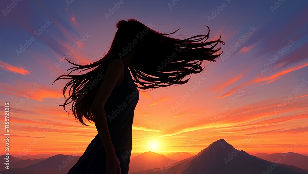 The girl stands on the edge of the mountain, her figure silhouetted against the setting sun. The girl stands on the edge of the mountain, her figure silhouetted against the setting sun.