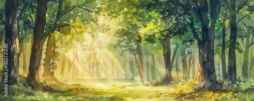 Quiet forest glade with dappled sunlight, soft and calming tones, watercolor relaxation photo