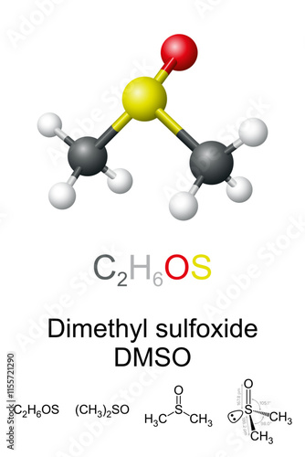 Dimethyl sulfoxide, DMSO, ball-and-stick molecule model and chemical structure. Organosulfur compound, colorless liquid and important polar aprotic solvent that dissolves polar and nonpolar compounds.