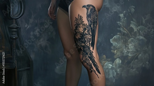 Stunning Black Raven and Floral Tattoo on Woman's Leg photo