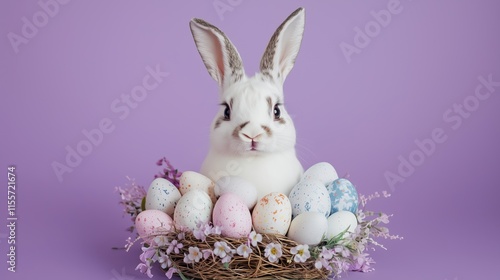 A white rabbit sitting in a nest filled with pastel-colored Easter eggs and delicate flowers on a lavender background, creating a serene and festive Easter theme.