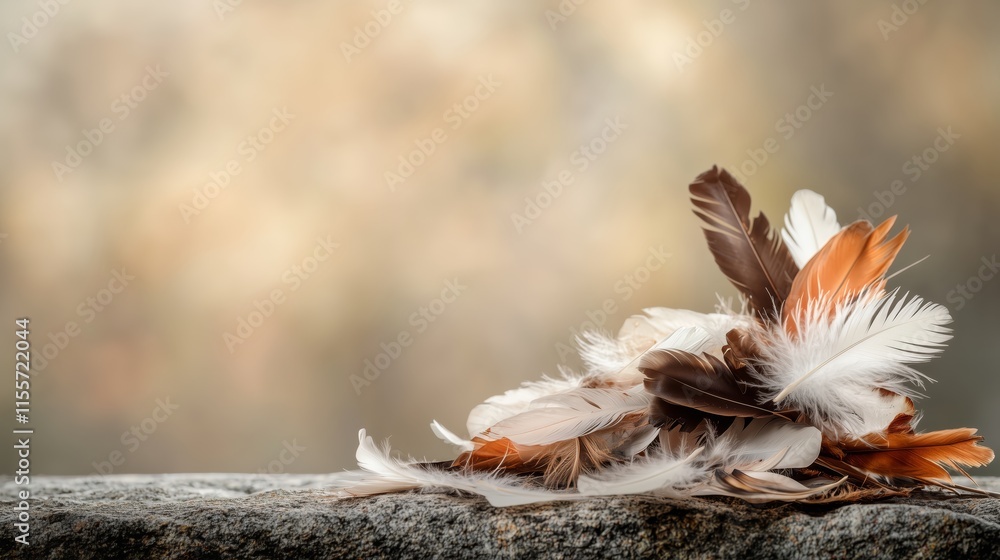 Colorful Feathers on a Natural Surface with a Blurred Background Colorful Feathers on a Natural Surface with a Blurred Background