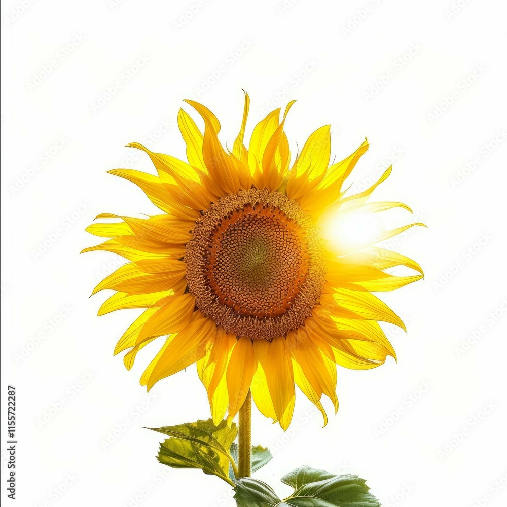 Fototapeta premium Sunflower with bright yellow petals blooming under bright sunlight on white background