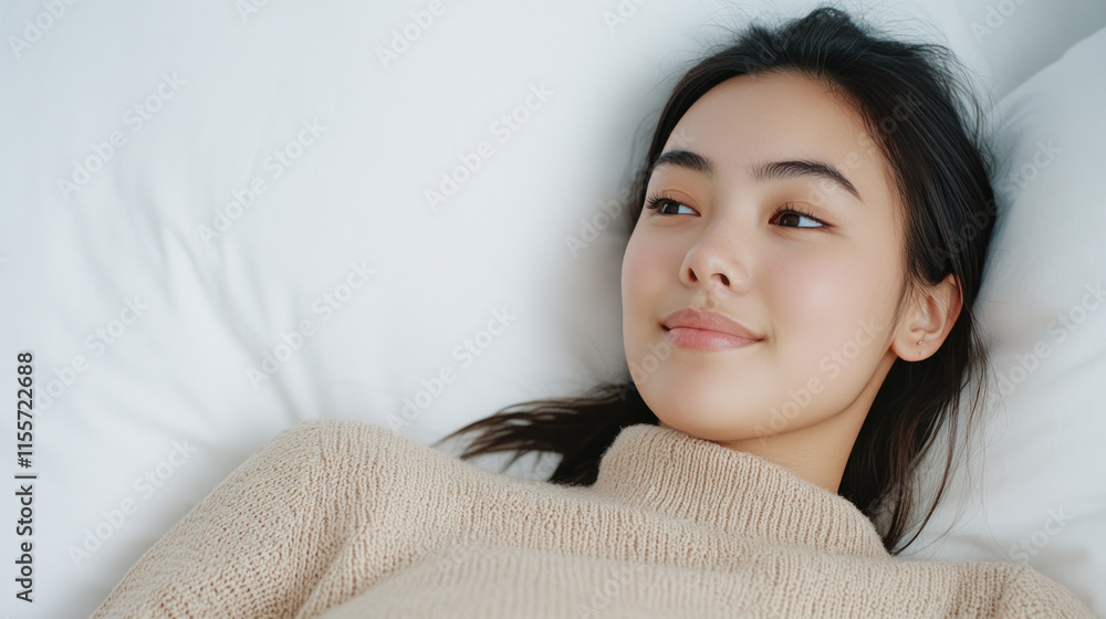 Indonesian woman in wool sweater lying on her back on the bed, relaxed Indonesian woman in wool sweater lying on her back on the bed, relaxed